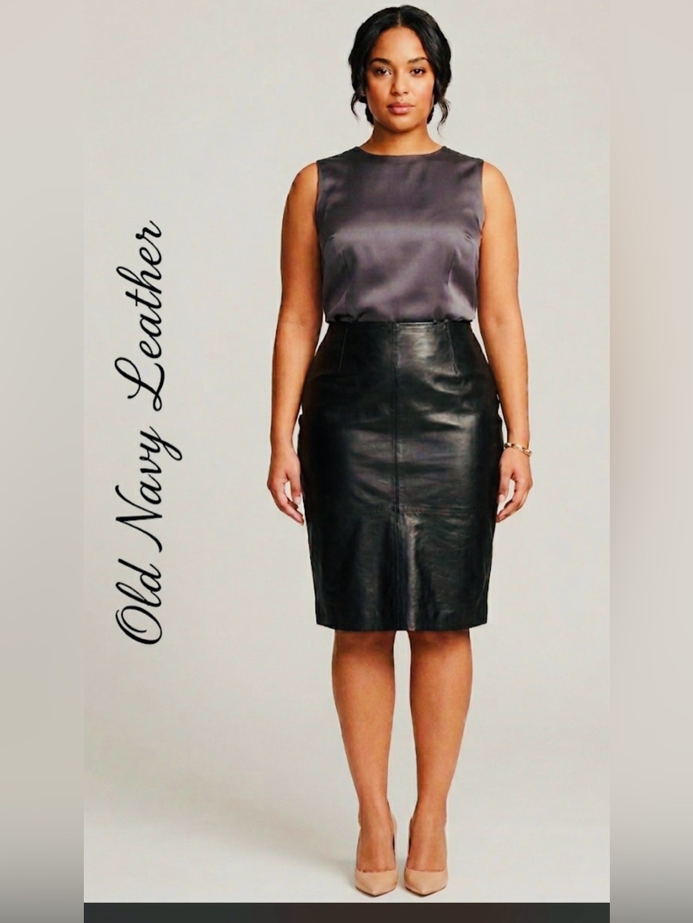 Vintage 90s Old Navy Collection Genuine Leather Pencil Skirt Black Midi Size 14